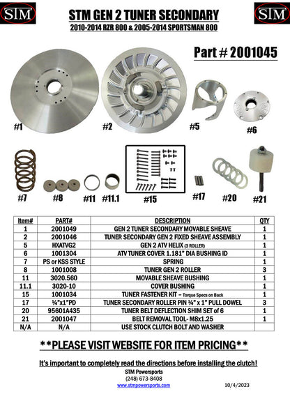 STM Gen 2 Tuner Secondary 2010-14 Polaris RZR 800, 05-14 Sportsman 800