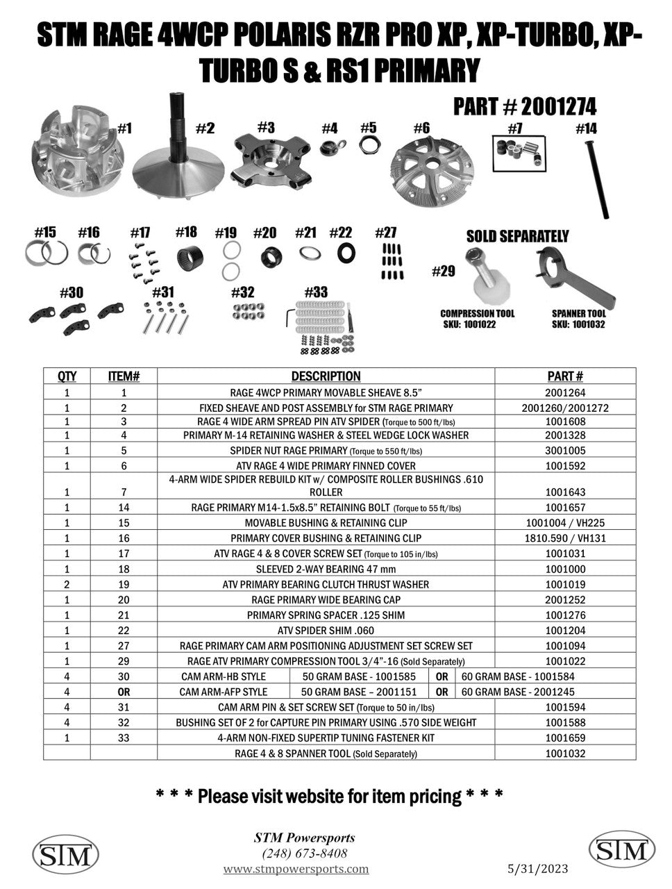 STM Rage 4WCP Polaris Pro XP, XP-Turbo, Turbo S and RS-1 Primary Clutch