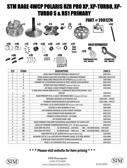 STM Rage 4WCP Polaris Pro XP, XP-Turbo, Turbo S and RS-1 Primary Clutch
